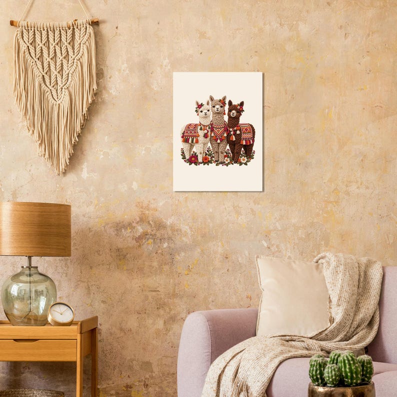 Three Alpacas Poster, Peruvian Folk Art Print, Llama Lover Gift, Andean Wall Decor image 7