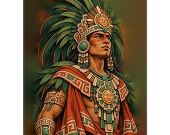 Printable Aztec Warrior Art, Green Feather Headdress Digital Download, Aztec Wall Art, Mexican Heritage Print, Chicano Wall Decor for Him