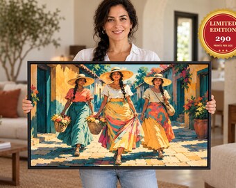 Mexican Flower Sellers Framed Canvas, Oil Painting Style, Women in Teal and Golden Skirts on a Colonial Street, Mexican Folk Art Wall Art