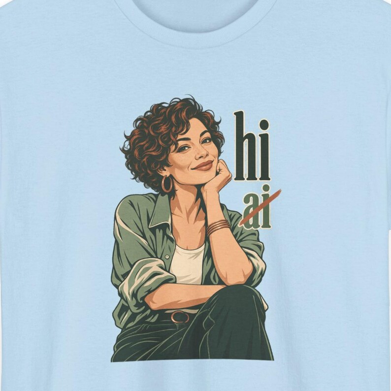 Vintage T-shirt voor een vrouw met krullend haar, "Hi Not AI"-shirt, anti-AI-cadeau voor haar. afbeelding 1