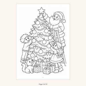 May include: A black and white coloring page illustration featuring Santa Claus on a ladder placing a star on a Christmas tree, with a child decorating the tree, another child nearby, a small cat, and wrapped gift boxes at the base.