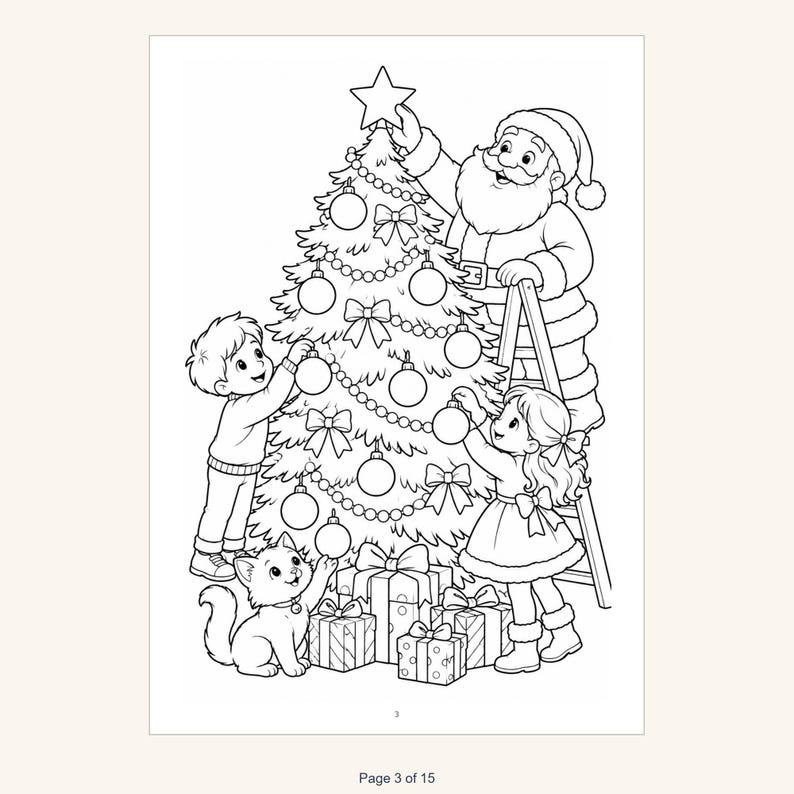 May include: A black and white coloring page illustration featuring Santa Claus on a ladder placing a star on a Christmas tree, with a child decorating the tree, another child nearby, a small cat, and wrapped gift boxes at the base.