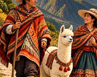 Peru Tote Bag, Andean Couple with Llama on an Inca Trail, Peruvian Art All Over Print Tote, Llama Lover Gift, Andes Travel Bag Idea