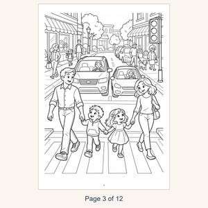 Puede incluir: Una p&aacute;gina para colorear en blanco y negro que muestra a una familia de cuatro personas cruzando un paso de peatones en una calle. La escena incluye coches, peatones, edificios, &aacute;rboles y un sem&aacute;foro. El texto "Page 3 of 12" est&aacute; en la parte inferior.