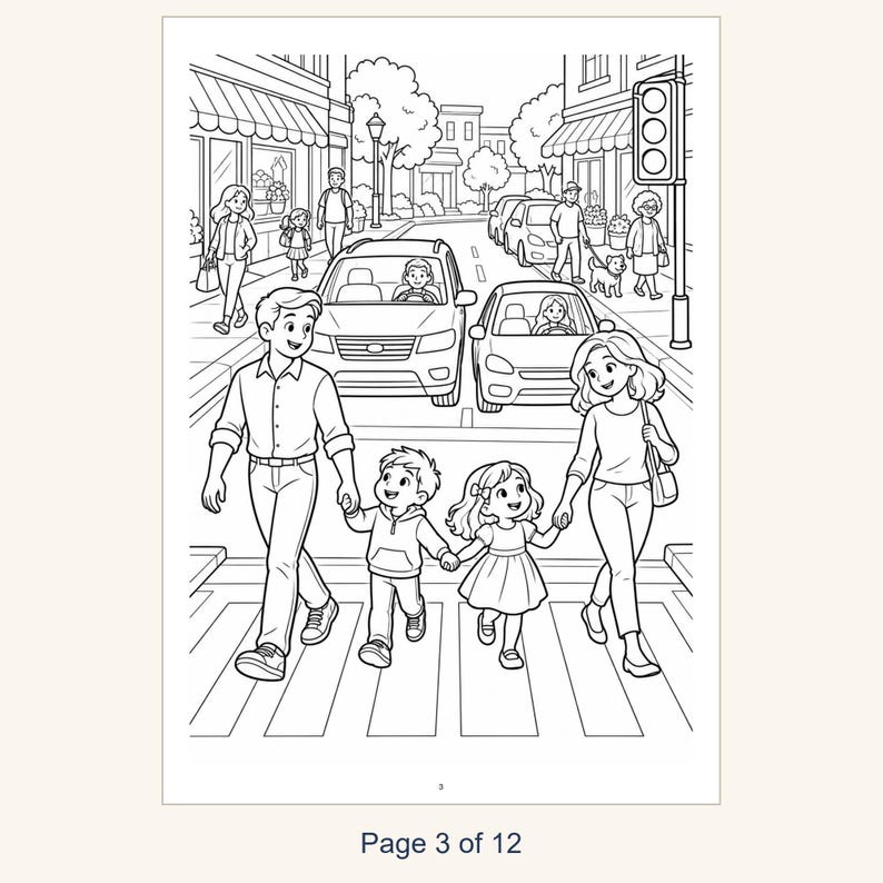 Puede incluir: Una p&aacute;gina para colorear en blanco y negro que muestra a una familia de cuatro personas cruzando un paso de peatones en una calle. La escena incluye coches, peatones, edificios, &aacute;rboles y un sem&aacute;foro. El texto "Page 3 of 12" est&aacute; en la parte inferior.