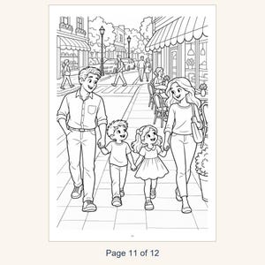 Puede incluir: Una p&aacute;gina para colorear en blanco y negro que muestra a una familia de cuatro personas caminando por una acera de la ciudad. Los padres van de la mano con su hijo y su hija. El fondo muestra tiendas, farolas y coches.
