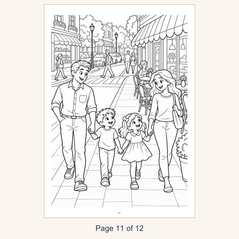 Puede incluir: Una p&aacute;gina para colorear en blanco y negro que muestra a una familia de cuatro personas caminando por una acera de la ciudad. Los padres van de la mano con su hijo y su hija. El fondo muestra tiendas, farolas y coches.