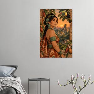 Mayan woman with a toucan and jungle pyramid at sunset, matte poster. A vertical wall art print depicting a person with dark braided hair wearing a patterned brown garment and turquoise jewellery.