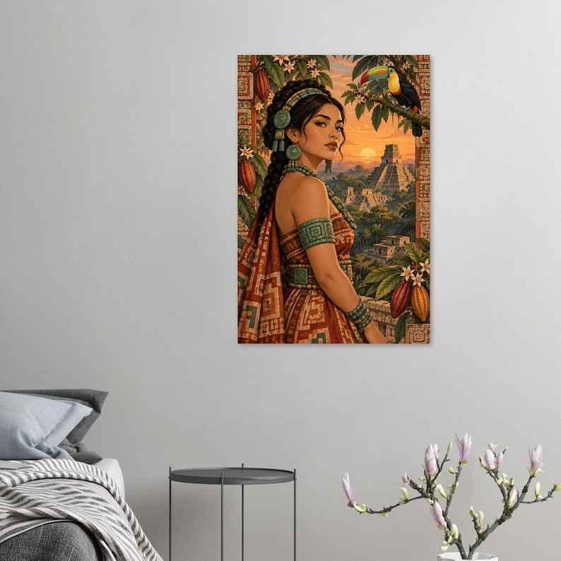 Mayan woman with a toucan and jungle pyramid at sunset, matte poster. A vertical wall art print depicting a person with dark braided hair wearing a patterned brown garment and turquoise jewellery.