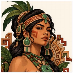 Mayan woman portrait with jade earrings and red face paint, square poster. A portrait of a person with dark hair adorned with green feathers and a decorative headband. They wear large circular green stone earrings and layered beaded necklaces.