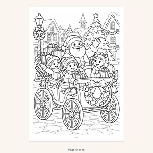 May include: A black and white coloring page illustration featuring Santa Claus and three children riding in a horse-drawn carriage decorated with bows, bells, and a wreath. The scene includes a Christmas tree, gifts, and a village background.