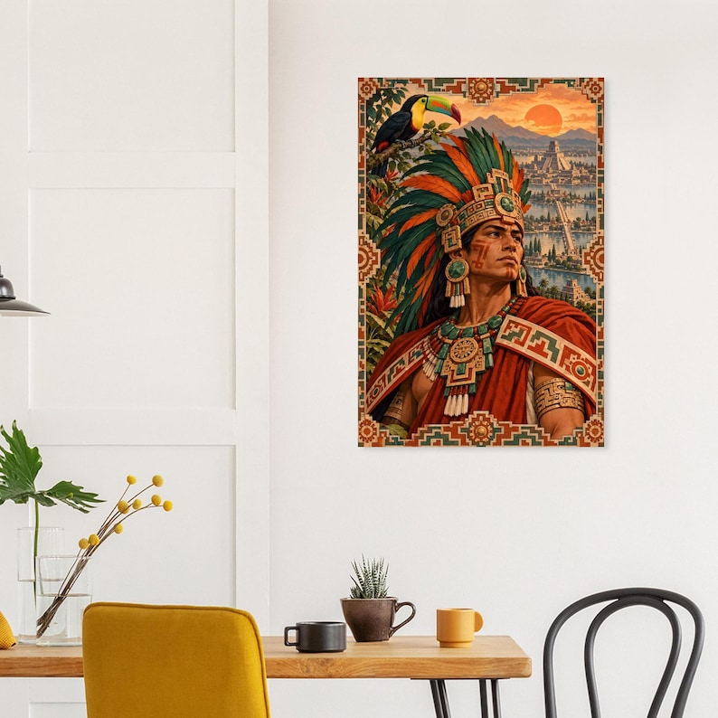 Aztec Warrior Poster, Toucan and Tenochtitlan, Mexican Heritage Wall Art Print image 3