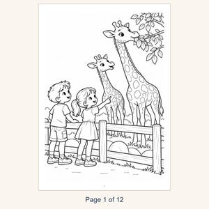 May include: A black and white coloring page featuring a young child and a girl standing by a wooden fence, observing two giraffes. One giraffe eats leaves from a tree while the other looks on. The text Page 1 of 12 is printed at the bottom.
