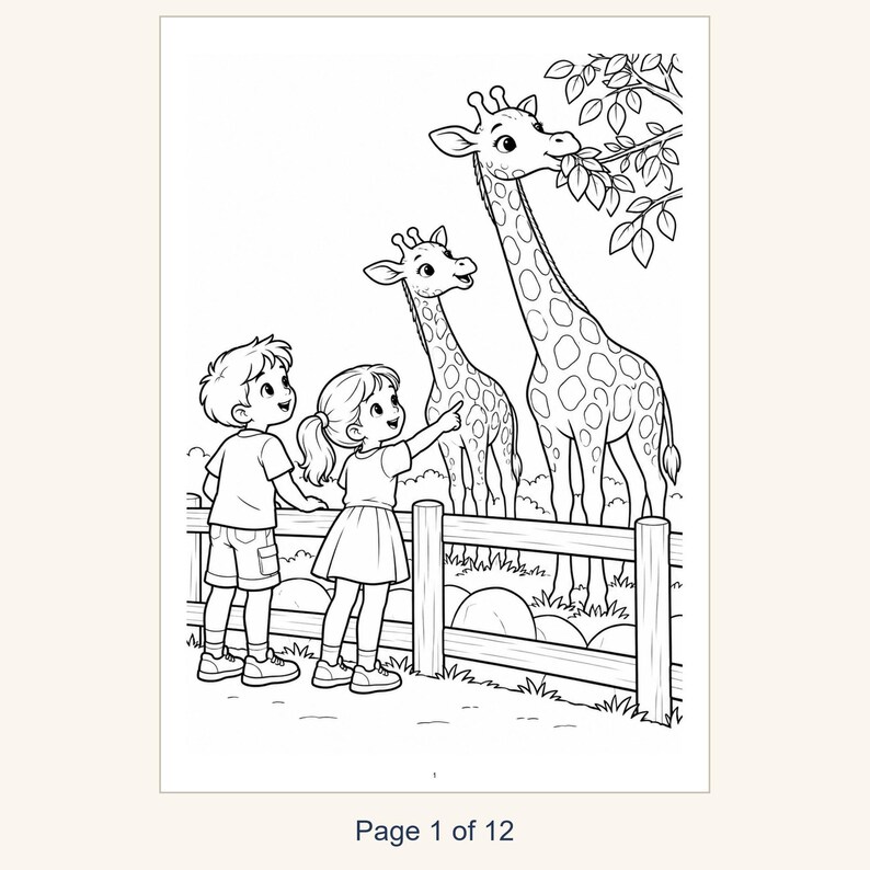 May include: A black and white coloring page featuring a young child and a girl standing by a wooden fence, observing two giraffes. One giraffe eats leaves from a tree while the other looks on. The text Page 1 of 12 is printed at the bottom.