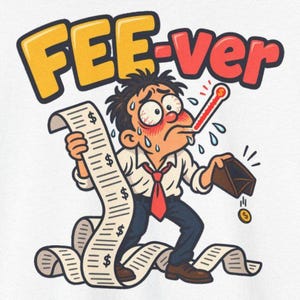 May include: A graphic illustration of a person with a thermometer in their mouth, sweating and holding a long receipt with dollar signs. The person wears a white shirt and red tie, holding an empty brown wallet. The text FEE-ver is above.