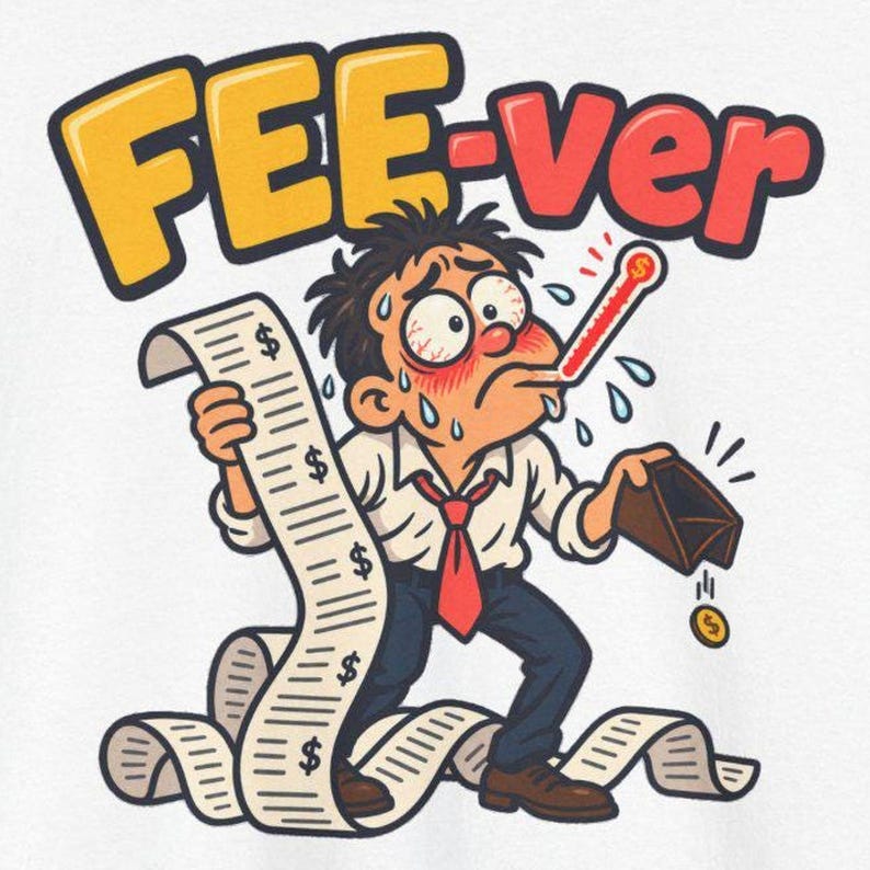 May include: A graphic illustration of a person with a thermometer in their mouth, sweating and holding a long receipt with dollar signs. The person wears a white shirt and red tie, holding an empty brown wallet. The text FEE-ver is above.