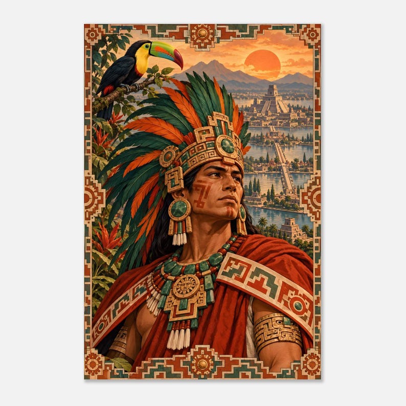Aztec Warrior Poster, Toucan and Tenochtitlan, Mexican Heritage Wall Art Print image 9