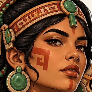 Puede incluir: Un retrato de una persona con cabello oscuro que lleva una diadema ancha y ornamentada con un patrón geométrico y una piedra verde central. La persona tiene una marca geométrica roja en la mejilla y la barbilla, y grandes pendientes redondos.
