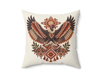 Könnte beinhalten: Ein quadratisches Dekokissen mit cremefarbenem Hintergrund und einer zentralen Grafik eines großen Vogels mit ausgebreiteten Flügeln. Das Design zeigt geometrische Bergformen, ein Sonnenmotiv und komplexe Muster in Braun-, Rot- und Orangetönen.