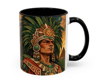 Aztec Warrior Coffee Mug with Green Feather Headdress, Mexican Mug, Chicano Art Mug with Black Red or Navy Inside, Aztec Gift for Him