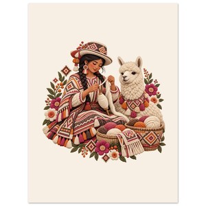 Andean spinner with alpaca and yarn baskets, folk art poster. An illustration of a person wearing a patterned hat and poncho, spinning white yarn with a drop spindle next to a white llama.