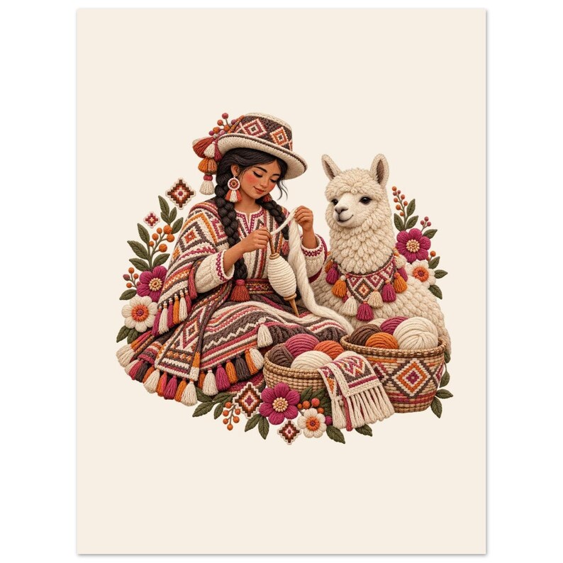Andean spinner with alpaca and yarn baskets, folk art poster. An illustration of a person wearing a patterned hat and poncho, spinning white yarn with a drop spindle next to a white llama.