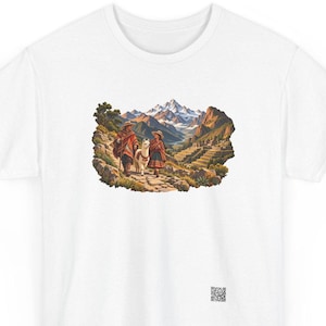 Peru llama trek t-shirt, Two travelers with a white llama on an Inca trail below the Andes, front print of the t-shirt.