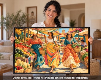 Printable Mexican Market Day Wall Art, Oil Painting Style Digital Download, Three Women in Sun Hats at a Village Fruit Market, Latina Gift