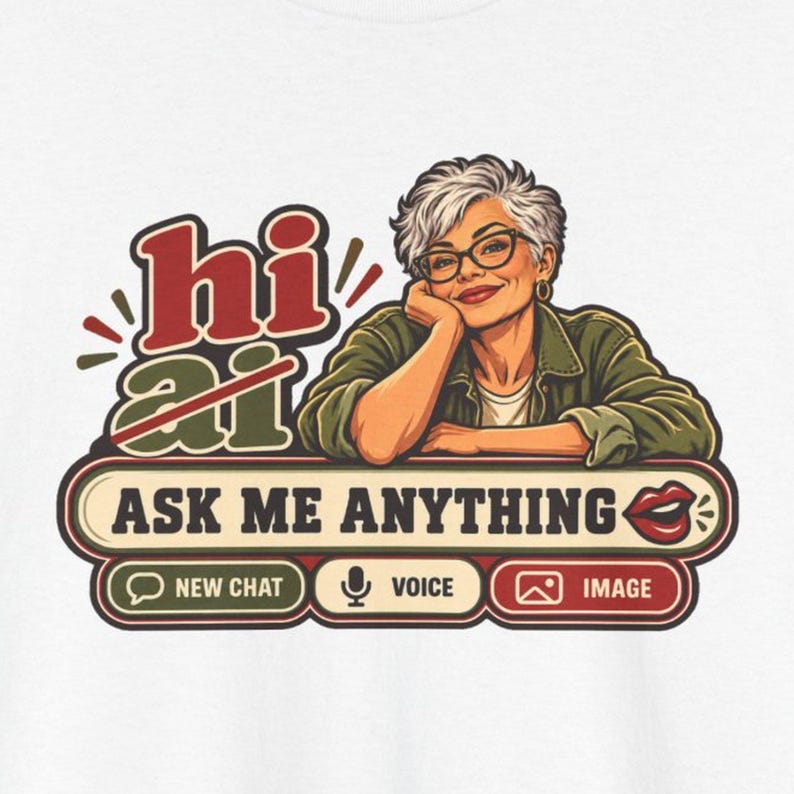 Funny Anti AI T-Shirt, Silver Hair Grandma Chat, Olive Green Tee image 1