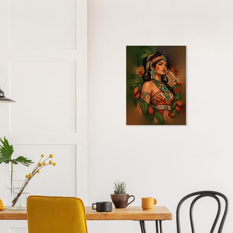 May include: A rectangular wall art print featuring a portrait of a person adorned in ornate jewelry, a feathered headdress, and patterned clothing, surrounded by green leaves and red cacao pods against a dark, warm-toned background.