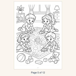 May include: A black and white coloring page featuring four children playing on a rug with a printed road map, toy cars, a house, and trees. The scene includes a ball, building blocks, a teddy bear, and the text Page 5 of 12 at the bottom.