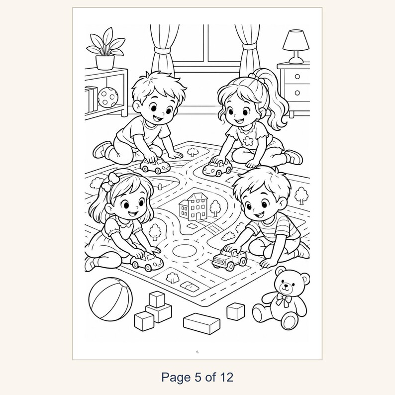 May include: A black and white coloring page featuring four children playing on a rug with a printed road map, toy cars, a house, and trees. The scene includes a ball, building blocks, a teddy bear, and the text Page 5 of 12 at the bottom.