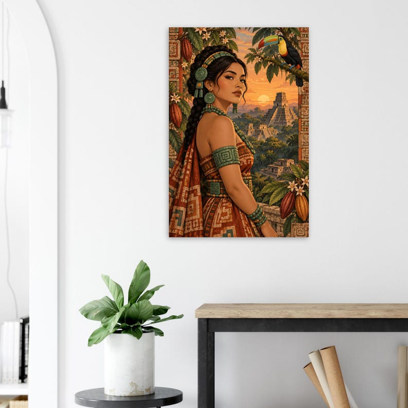 Mayan woman with a toucan and jungle pyramid at sunset, matte poster. A vertical wall art print featuring a person with dark braided hair wearing turquoise jewellery and a patterned brown garment.