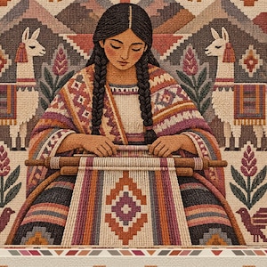 K&ouml;nnte beinhalten: Ein Kreuzstich-Stickbild, das eine Person mit dunklem geflochtenem Haar zeigt, die an einem Holzwebstuhl webt. Die Szene zeigt zwei Lamas, geometrische Muster und florale Motive in Creme-, Braun-, Orange- und Violettt&ouml;nen.