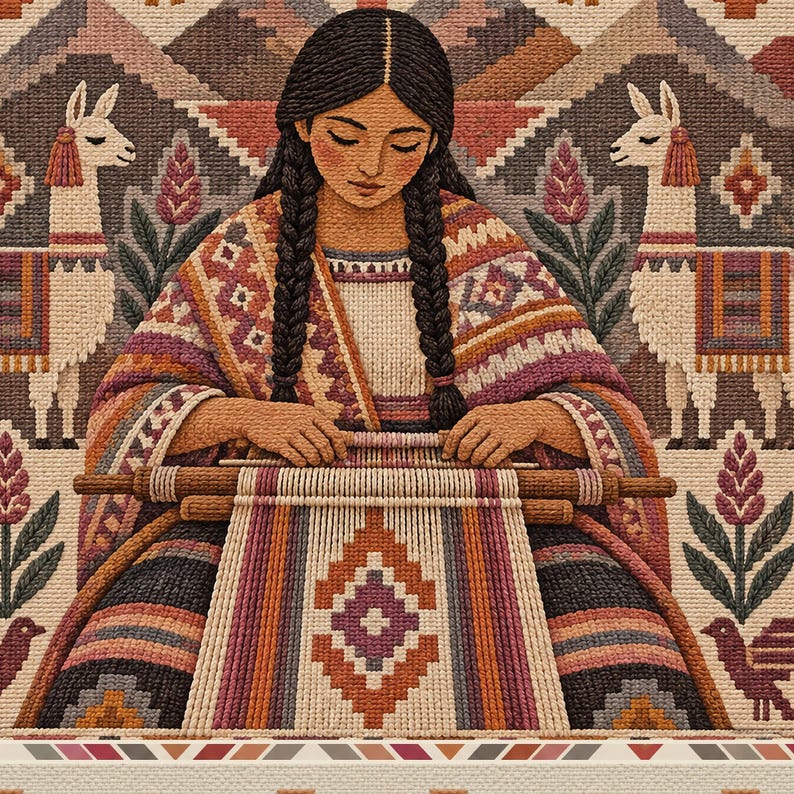K&ouml;nnte beinhalten: Ein Kreuzstich-Stickbild, das eine Person mit dunklem geflochtenem Haar zeigt, die an einem Holzwebstuhl webt. Die Szene zeigt zwei Lamas, geometrische Muster und florale Motive in Creme-, Braun-, Orange- und Violettt&ouml;nen.