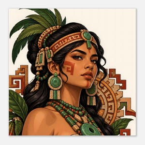 Mayan woman portrait with jade earrings and red face paint, square poster. A portrait of a person with dark hair wearing a decorative headband with green stones and feathers, large circular green stone earrings, and layered beaded necklaces.