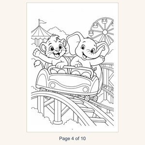 Kids Coloring Book Printable, Cute Animals at the Amusement Park Coloring Pages, 10 Page PDF for Children, Instant Download Kids Activity image 6