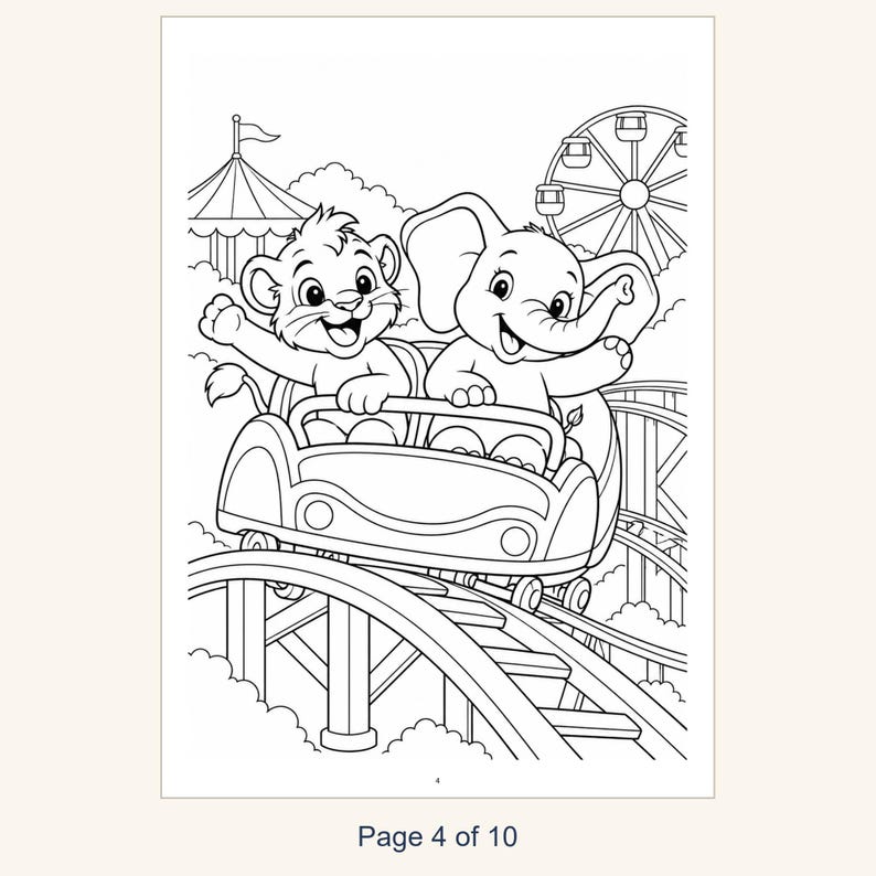 Kids Coloring Book Printable, Cute Animals at the Amusement Park Coloring Pages, 10 Page PDF for Children, Instant Download Kids Activity image 6