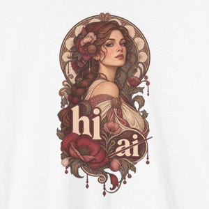 Jugendstil-Damen-T-Shirt, floraler Roboter-Rückenprint, Anti-KI-Geschenk (100 % Baumwolle) Bild 1