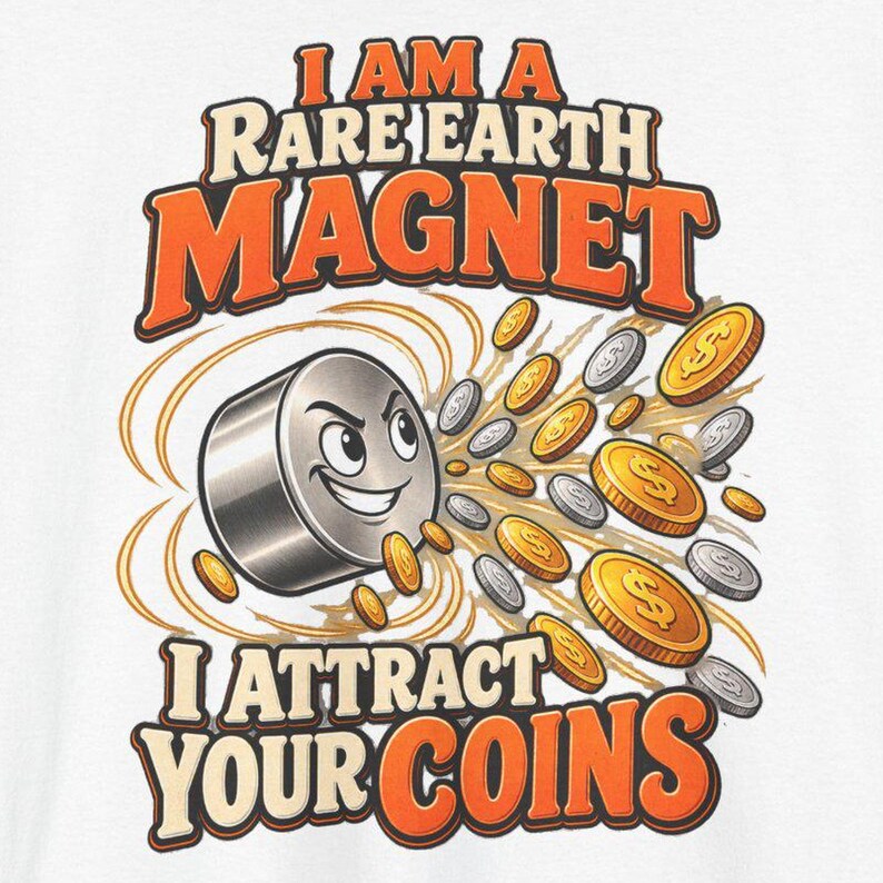 May include: A graphic print featuring a cartoon magnet with a face, surrounded by swirling gold and silver coins. The text reads: I AM A RARE EARTH MAGNET I ATTRACT YOUR COINS. The design uses orange and black lettering on a white background.