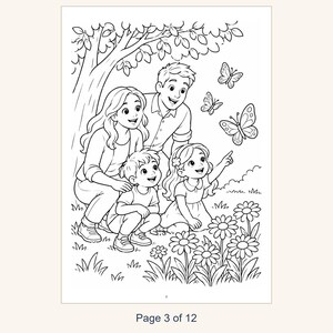 May include: A black and white coloring page illustration featuring a family of four outdoors near a tree. The parents and two children are looking at three butterflies flying above a patch of daisies. The text Page 3 of 12 is at the bottom.