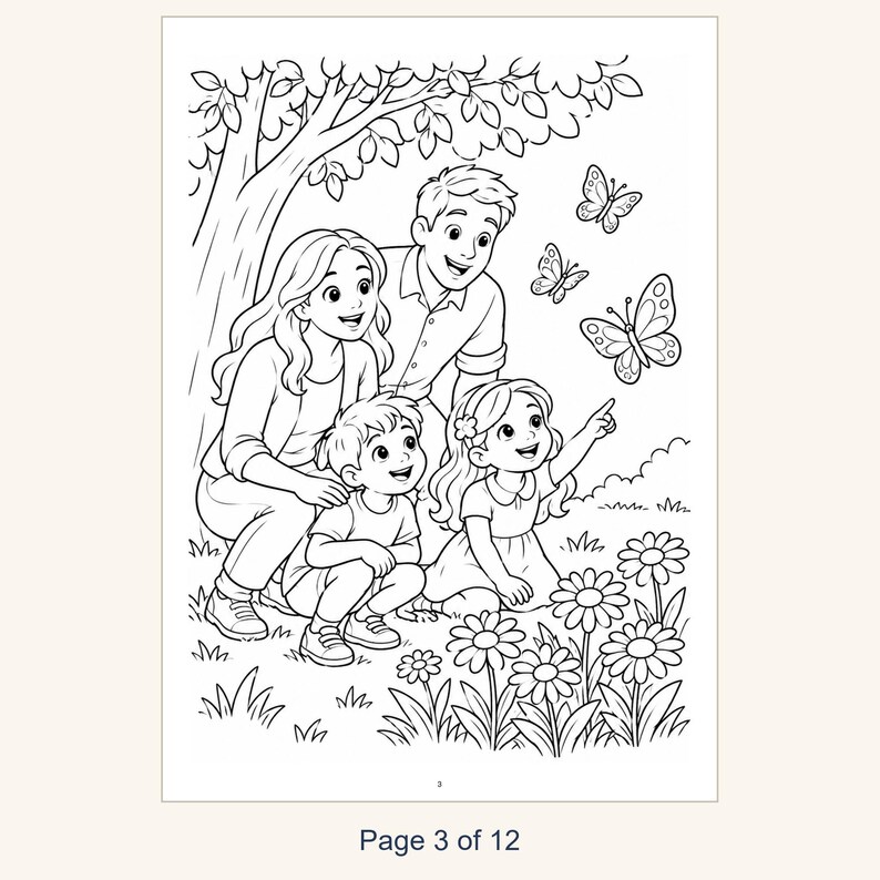 May include: A black and white coloring page illustration featuring a family of four outdoors near a tree. The parents and two children are looking at three butterflies flying above a patch of daisies. The text Page 3 of 12 is at the bottom.