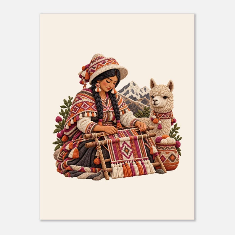 Estampe d'art populaire péruvien, affiche représentant une tisserande andine et un lama, femme au métier à tisser image 3