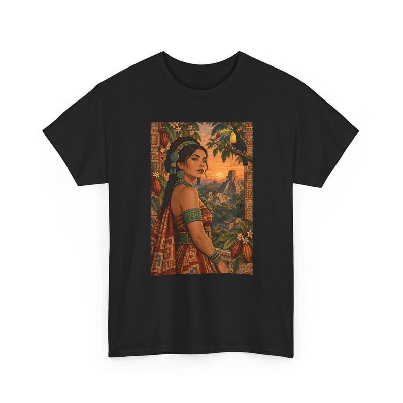 Mayan Woman T-Shirt with Toucan and Sunset Pyramid, Latina Graphic Tee for Women, Guatemala Mexico Art Shirt, Tropical Bird Heritage Gift image 10