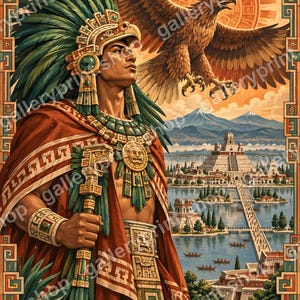 Könnte beinhalten: Eine digitale Illustration mit einer Figur in einem verzierten Kopfschmuck aus grünen und goldenen Federn und einem roten Umhang, die einen Stab hält, mit einem großen Adler darüber. Der Hintergrund zeigt eine steinerne Stadt mit Pyramiden.