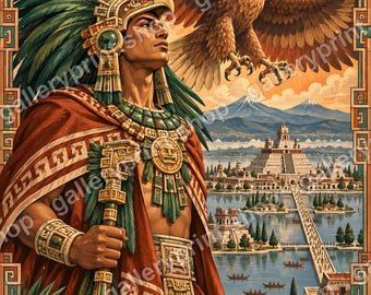 Printable Aztec Wall Art, Eagle Warrior over Tenochtitlan Digital Download, Aztec Warrior Art Print, Mexican Heritage Decor, Chicano Art