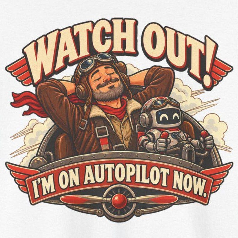 May include: A graphic illustration featuring a bearded pilot in a brown leather jacket and goggles relaxing in a cockpit next to a small white robot. The text reads WATCH OUT! I'M ON AUTOPILOT NOW. The design includes red wings and a propeller.