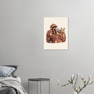 Estampe d'art populaire péruvien, affiche représentant une tisserande andine et un lama, femme au métier à tisser image 9