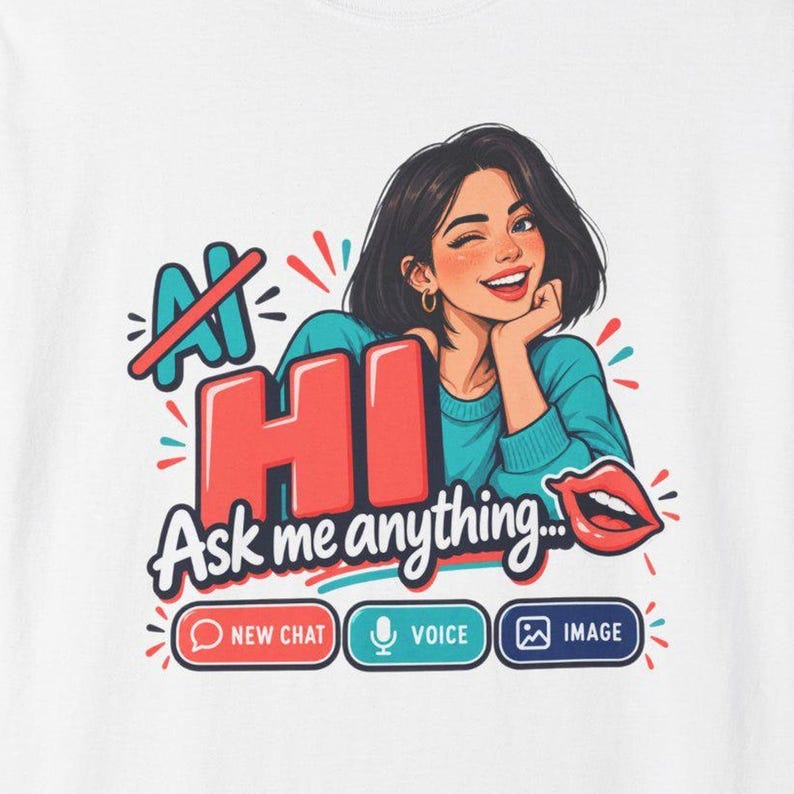 May include: A white t-shirt featuring a graphic of a winking person with dark hair in a teal sweater. The text reads AI HI Ask me anything, with icons for New Chat, Voice, and Image. Red lips and colorful accents surround the central illustration.