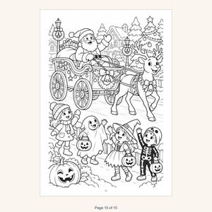 May include: A black and white coloring page illustration featuring Santa Claus in a sleigh pulled by a reindeer, with four children in Halloween costumes holding jack-o'-lantern buckets below. The scene includes a large pumpkin and houses.